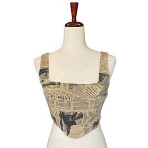 Isalis Newspaper Denim Bustier Crop Top Womens S Tan Square Neck Tank Retro